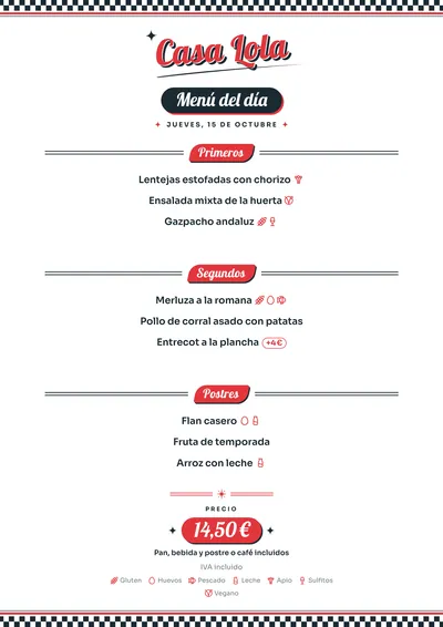Menú del día de ejemplo con el estilo Diner
