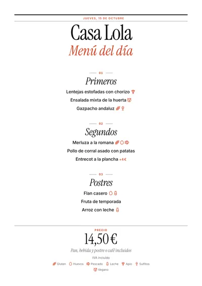 Menú del día de ejemplo con el estilo Editorial