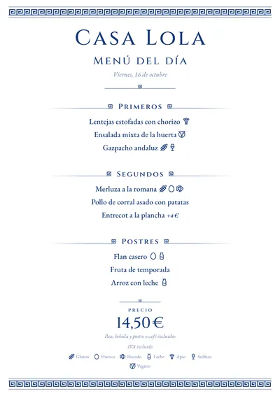 Menú del día de ejemplo con el estilo Egeo