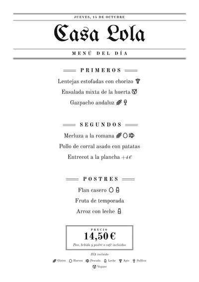 Menú del día de ejemplo con el estilo Gaceta