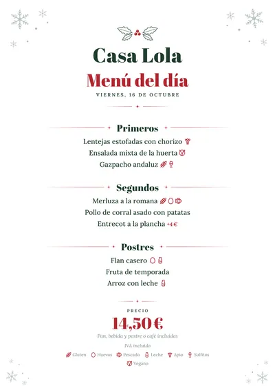 Menú del día de ejemplo con el estilo Invierno