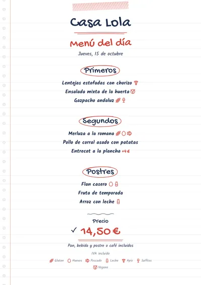 Menú del día de ejemplo con el estilo Libreta