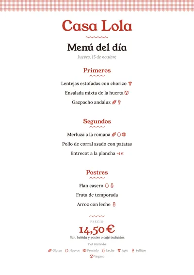 Menú del día de ejemplo con el estilo Mantel