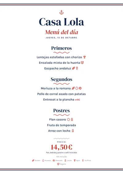 Menú del día de ejemplo con el estilo Marinero