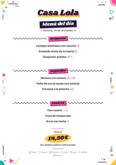 Menú del día de ejemplo con el estilo Memphis