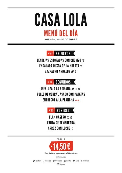 Menú del día de ejemplo con el estilo Mercado