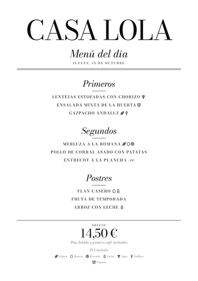 Menú del día de ejemplo con el estilo Milano