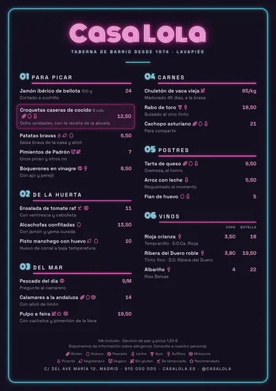 Carta de ejemplo con el estilo Neón
