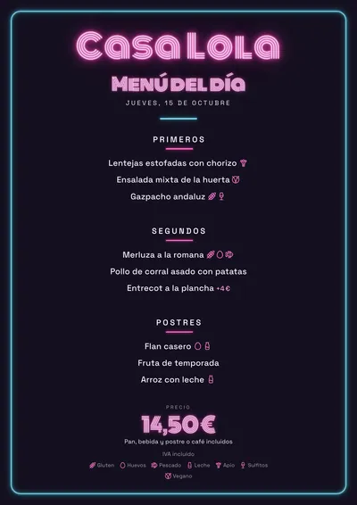 Menú del día de ejemplo con el estilo Neón