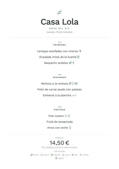 Menú del día de ejemplo con el estilo Nórdico