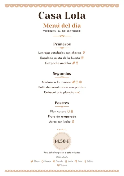 Menú del día de ejemplo con el estilo Obrador