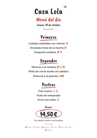 Menú del día de ejemplo con el estilo Pizarra