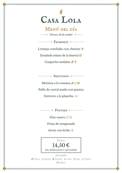 Menú del día de ejemplo con el estilo Pub