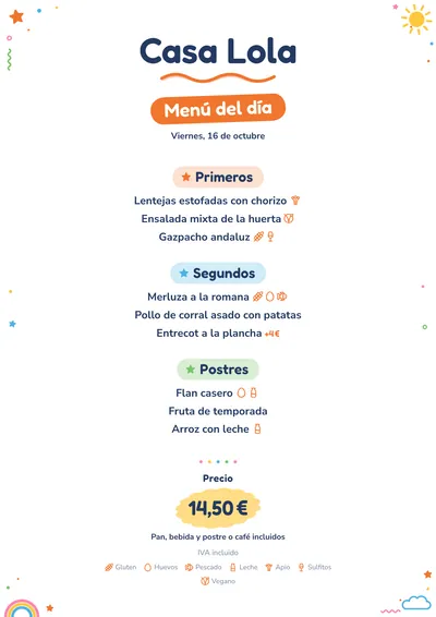 Menú del día de ejemplo con el estilo Recreo