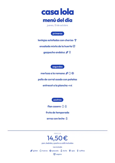Menú del día de ejemplo con el estilo Riviera