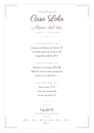 Menú del día de ejemplo con el estilo Romance
