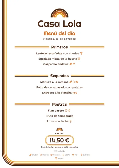Menú del día de ejemplo con el estilo Setenta