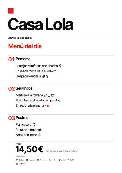 Menú del día de ejemplo con el estilo Suizo