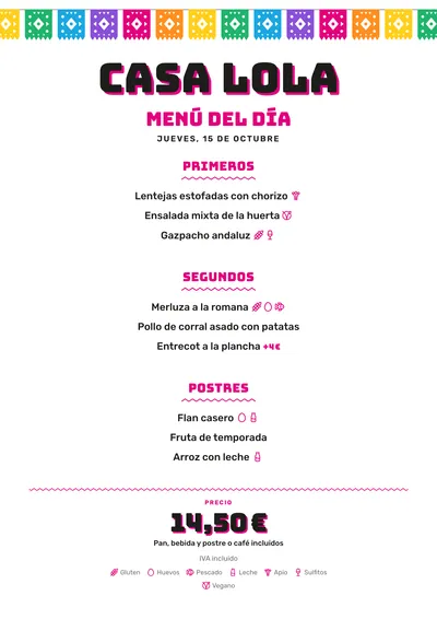 Menú del día de ejemplo con el estilo Taquería