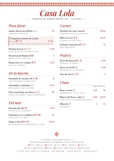 Carta de ejemplo con el estilo Trattoria
