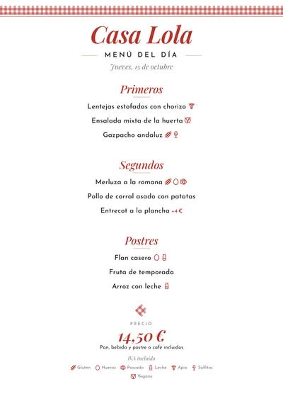Menú del día de ejemplo con el estilo Trattoria