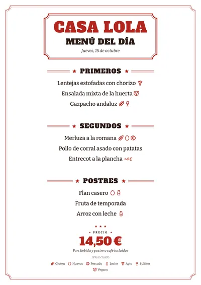Menú del día de ejemplo con el estilo Vermut