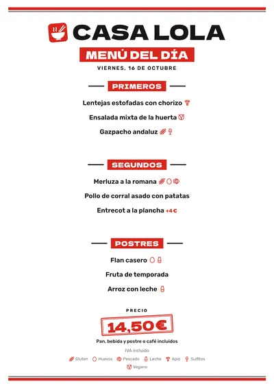 Menú del día de ejemplo con el estilo Wok